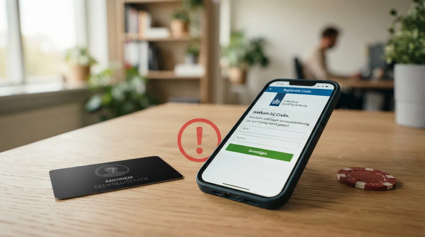 Het blauwe Ksa-logo naast een smartphone met een Cruks-registratiescherm, met een rood waarschuwingsicoon tussen beide
