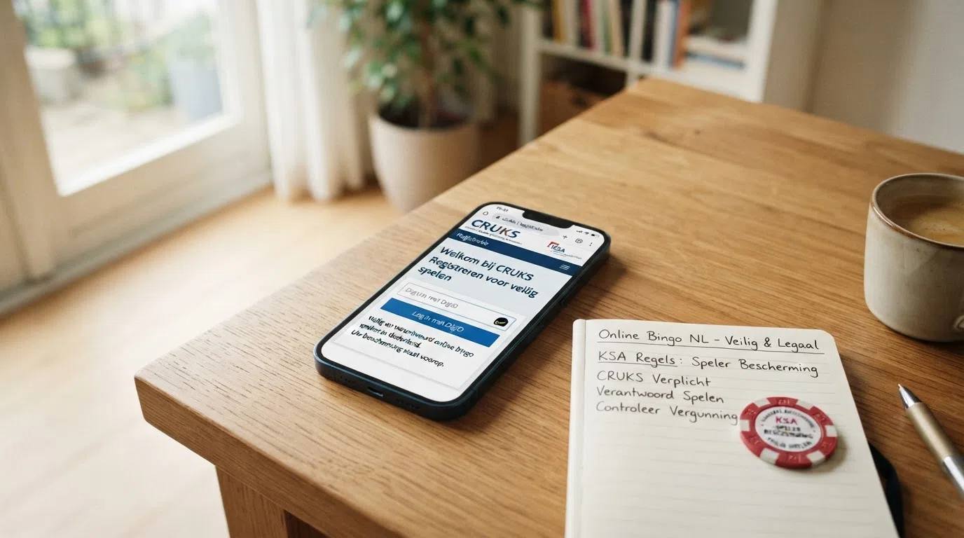Het logo van de Kansspelautoriteit naast een smartphone-scherm met de CRUKS-registratiepagina, een hangslot-icoon en de tekst “Veilig spelen” in het Nederlands