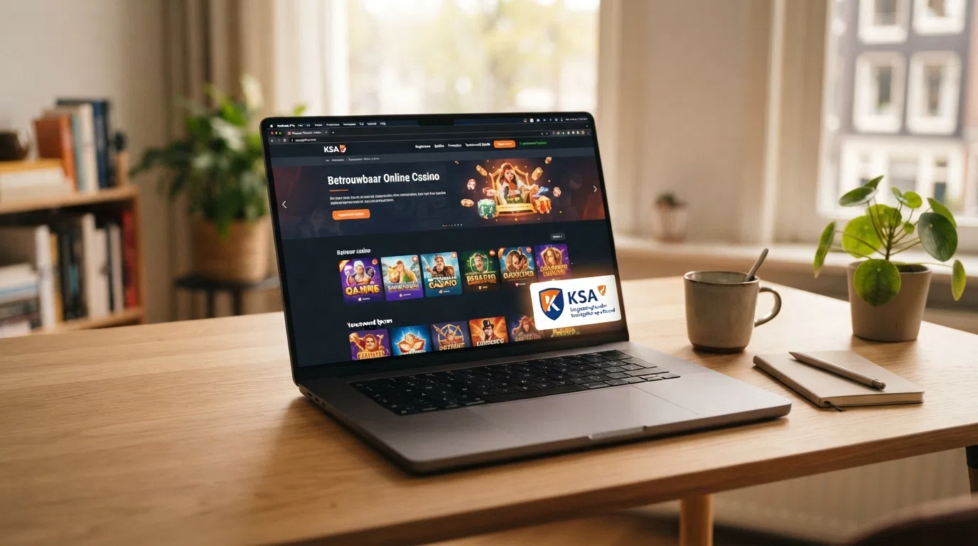 Het KSA-keurmerk met vergunningnummer op de homepage van een Nederlandse casino-website
