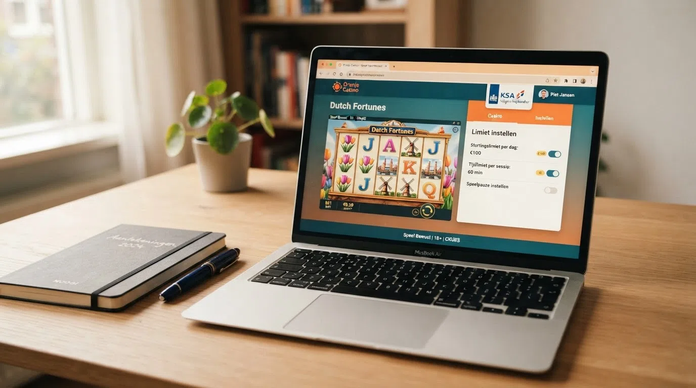 Het logo of de vermelding van de Kansspelautoriteit (KSA) op een Nederlandse online casino-pagina, naast een speelomgeving met een gokkast en zichtbare limiet-functionaliteit