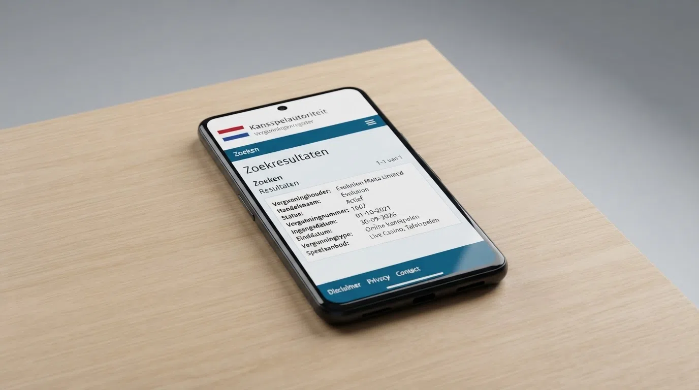 Een screenshot van de Kansspelautoriteit-website met het vergunningenregister en een Nederlands paspoort of iDIN-verificatiescherm ernaast als symbool voor identiteitscontrole