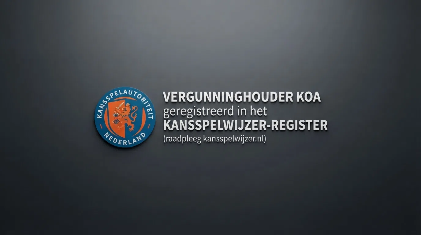 Het Kansspelautoriteit-keurmerk op een donkere achtergrond met daaronder de tekst 'Vergunninghouder KOA — geregistreerd in het Kansspelwijzer-register'