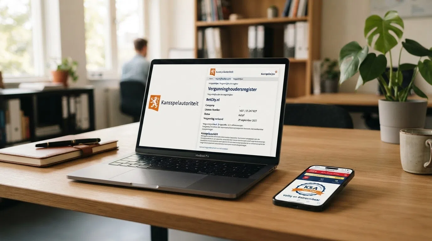 Het KSA-logo naast een screenshot van het KSA-vergunningenregister met de lijst van legale aanbieders