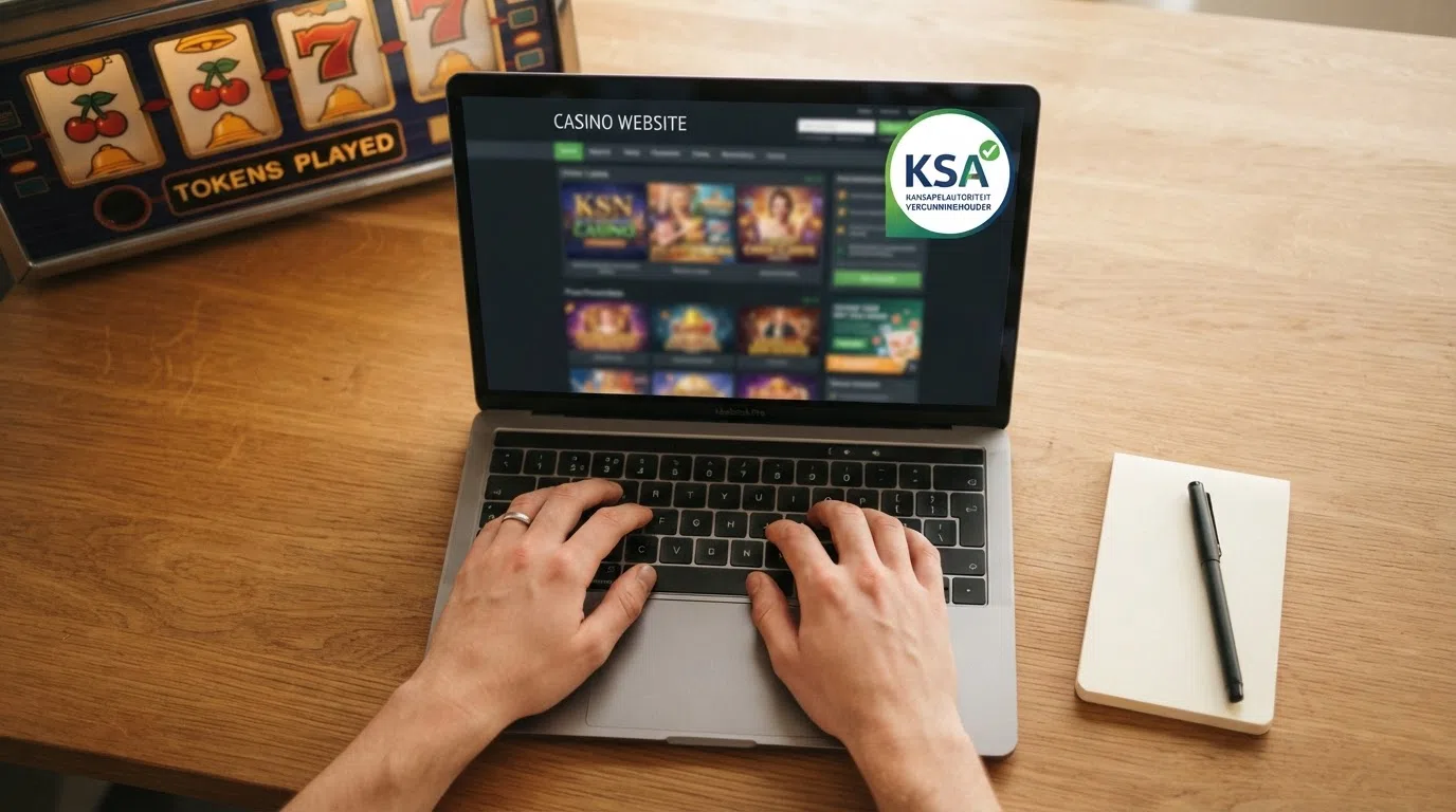 Het KSA-keurmerk prominent op een laptopscreen, met op de achtergrond een slot-symbool