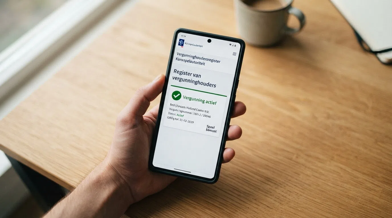 Een telefoonscherm met het Kansspelautoriteit-logo en een vinkje bij “Vergunning actief” op het officiële KSA-register