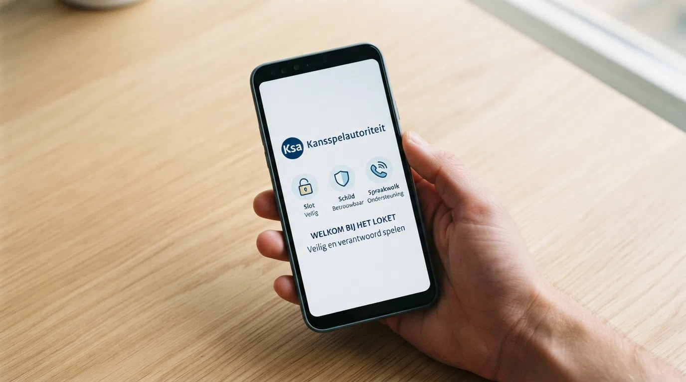 Het Kansspelautoriteit-logo naast drie iconen voor spelersbescherming: een slot, een schild en een telefoon