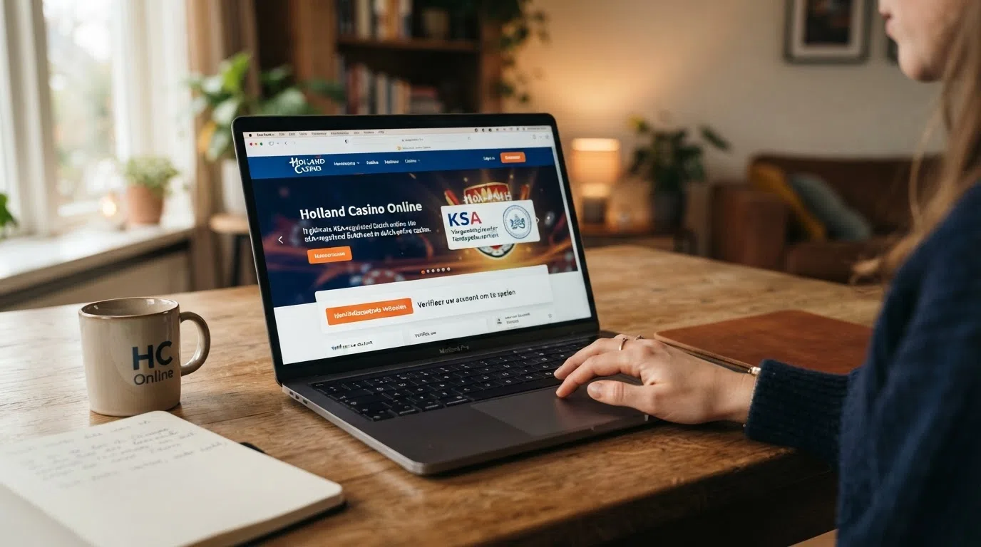 Het Kansspelautoriteit-logo op het scherm van een gereguleerd Nederlands online casino met zichtbare iDIN-verificatieknop