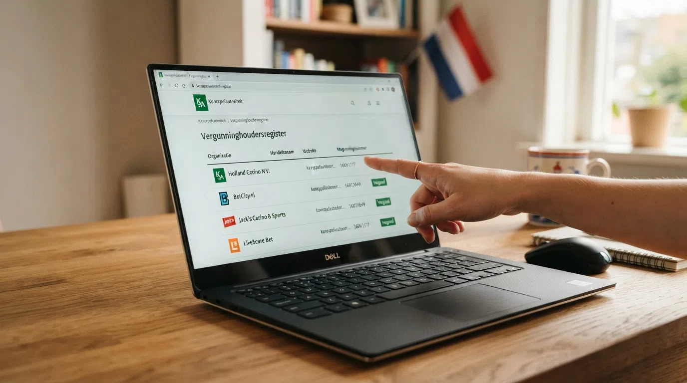 Het KSA-logo en een screenshot van het Kansspelwijzer-vergunningenregister op kansspelautoriteit.nl, met een Nederlandse vlag in beeld