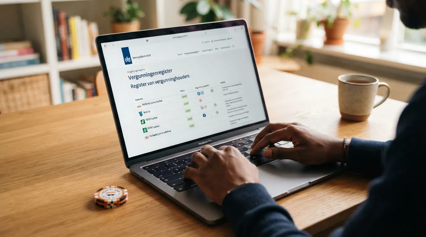 Het logo van de Kansspelautoriteit naast een screenshot van het openbare vergunningenregister op kansspelautoriteit.nl