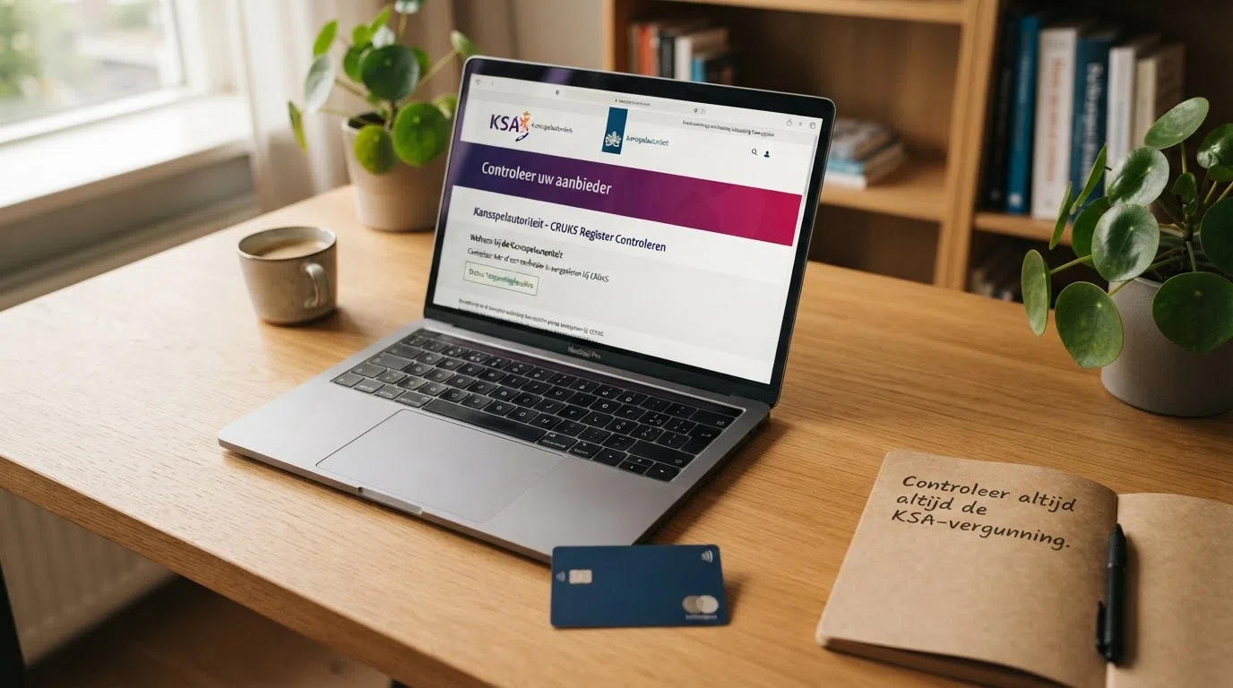 Het KSA-logo naast de CRUKS-pagina op een laptopscreen, met een slotje in beeld