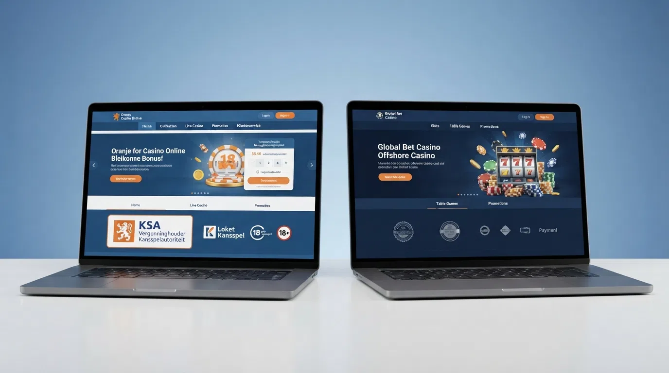 Twee kolommen naast elkaar: links het KSA-keurmerk op een casino-startpagina met 'Vergunninghouder' in beeld, rechts een generieke Curaçao-licentie zonder Nederlandstalige consumenteninformatie