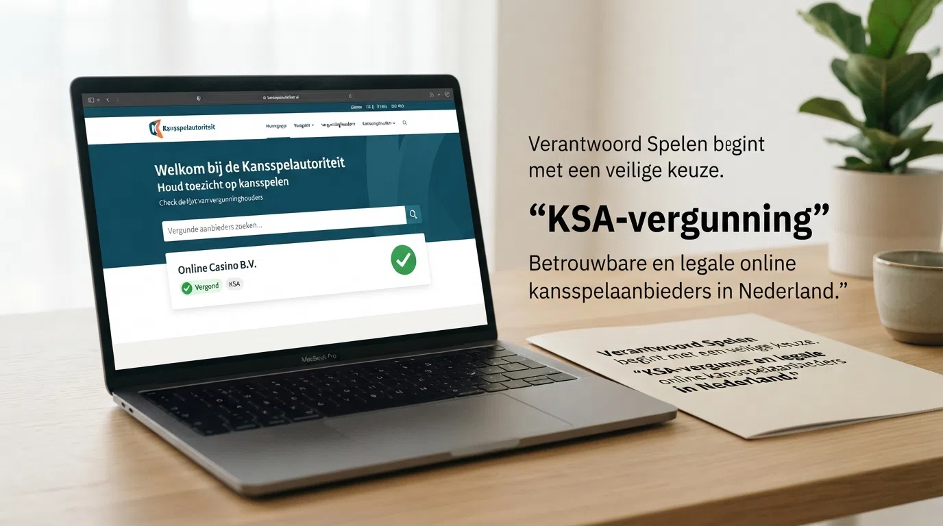 Het Kansspelautoriteit-logo naast een screenshot van de Kansspelwijzer-zoekbalk met een operatornaam, met een groen vinkje
