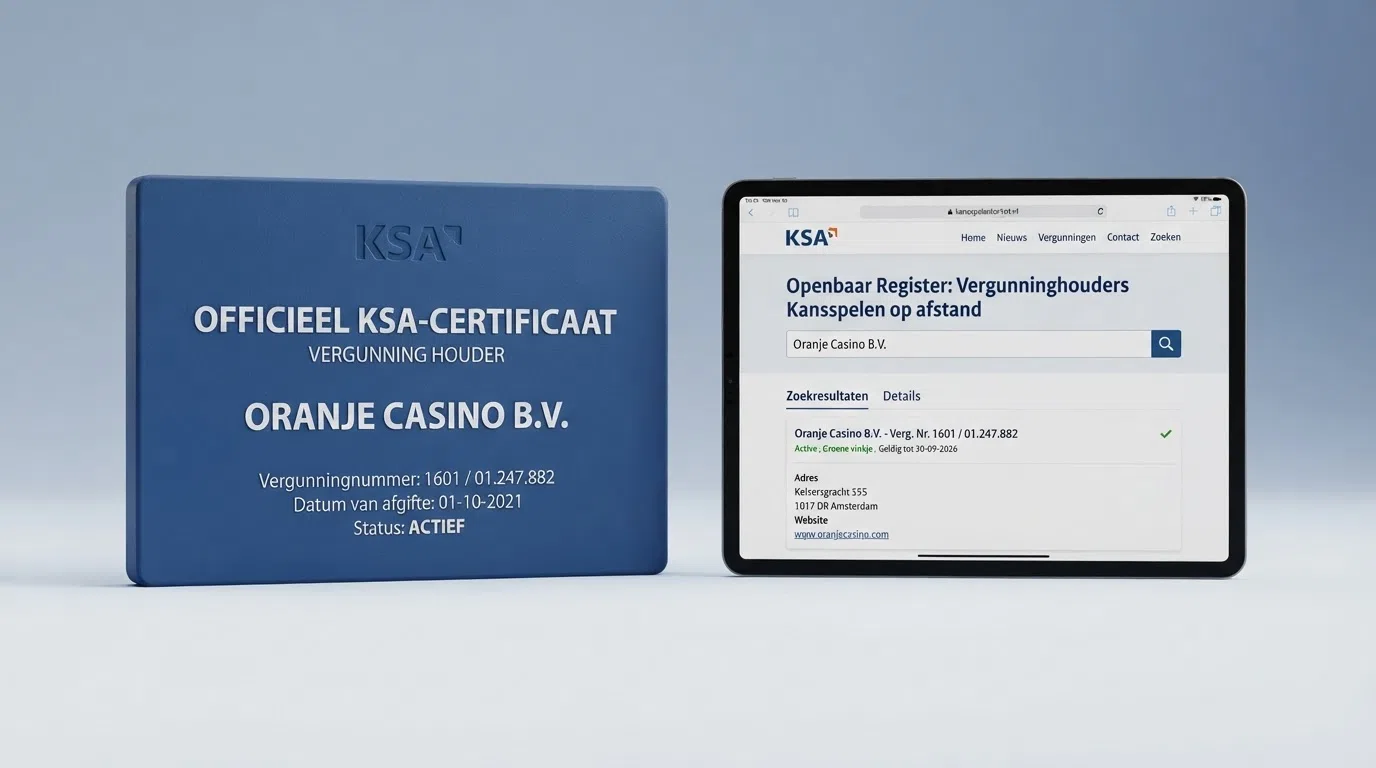 Het logo van de Kansspelautoriteit en een screenshot van het openbare KSA-vergunningenregister op kansspelautoriteit.nl