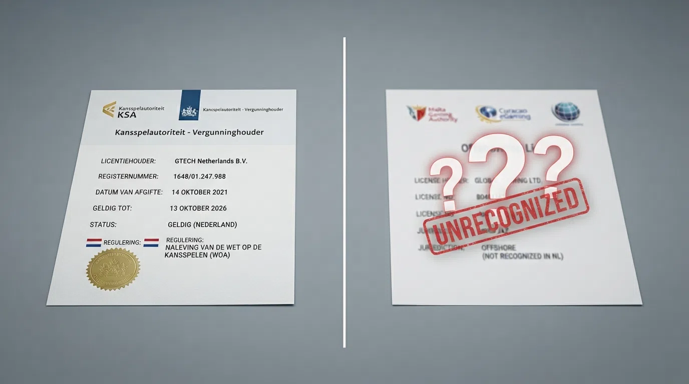 Een scherm toont twee documenten naast elkaar: een KSA-vergunning met keurmerk en een offshore-licentie met een vraagteken