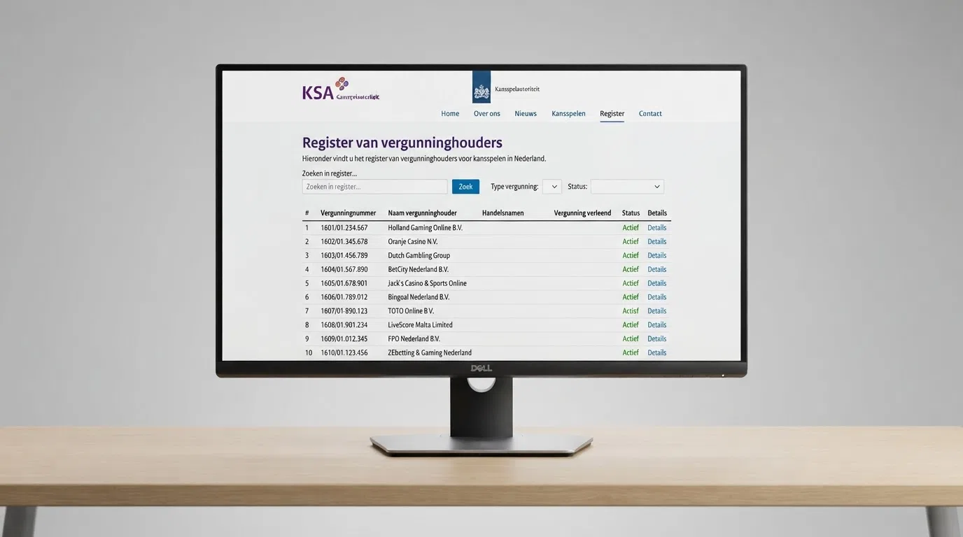 Schermafbeelding van het openbare Kansspelwijzer-register op kansspelautoriteit.nl met actieve vergunninghouders