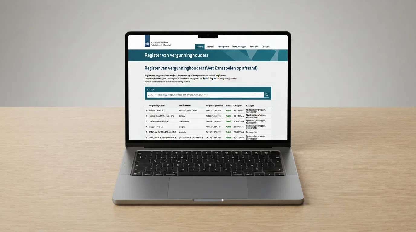 Het openbare vergunningregister van de Kansspelautoriteit op kansspelautoriteit.nl met een zichtbare zoekbalk en vergunningdetails