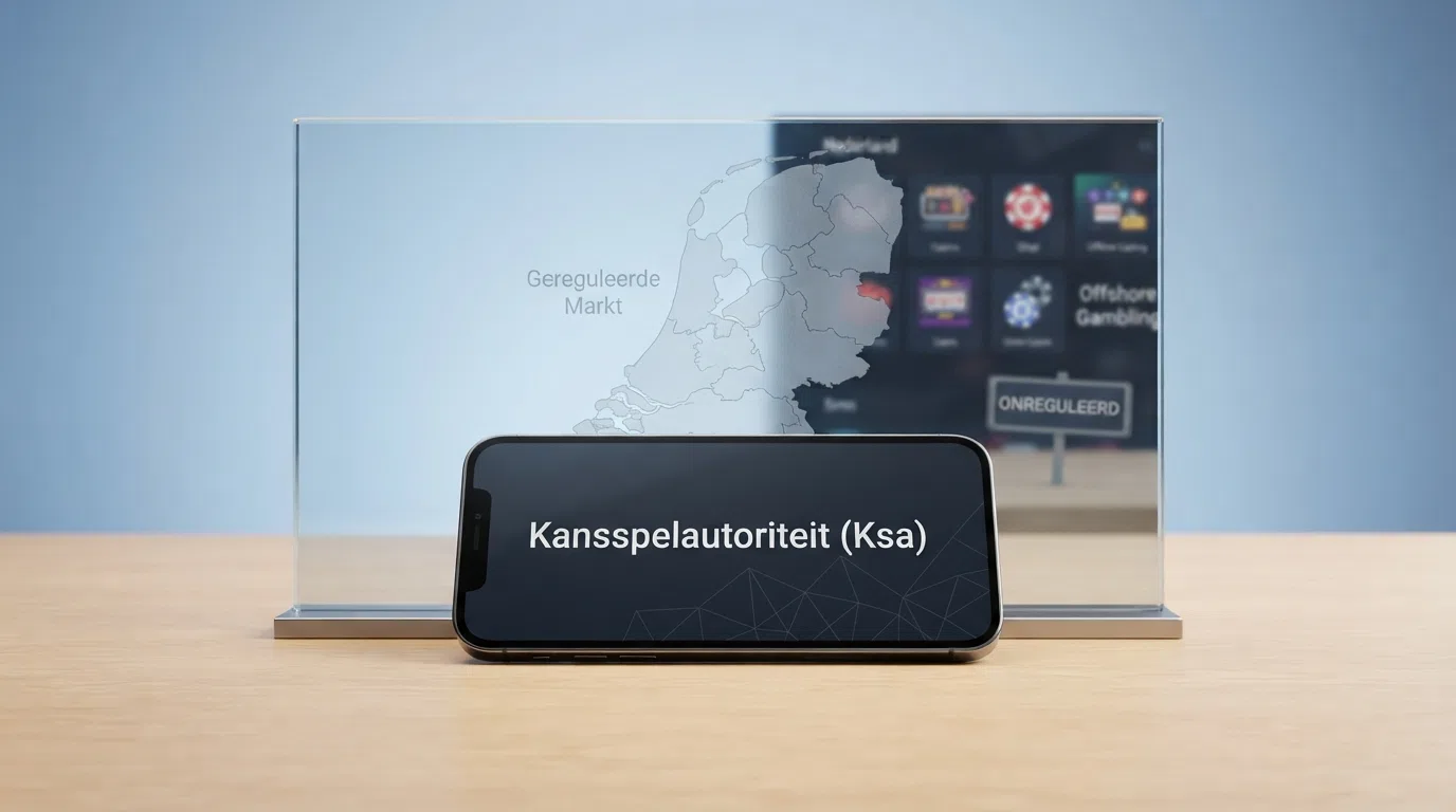 Het logo van de Kansspelautoriteit op een overheidsgebouw, met op de voorgrond een smartphone die een casino-app toont