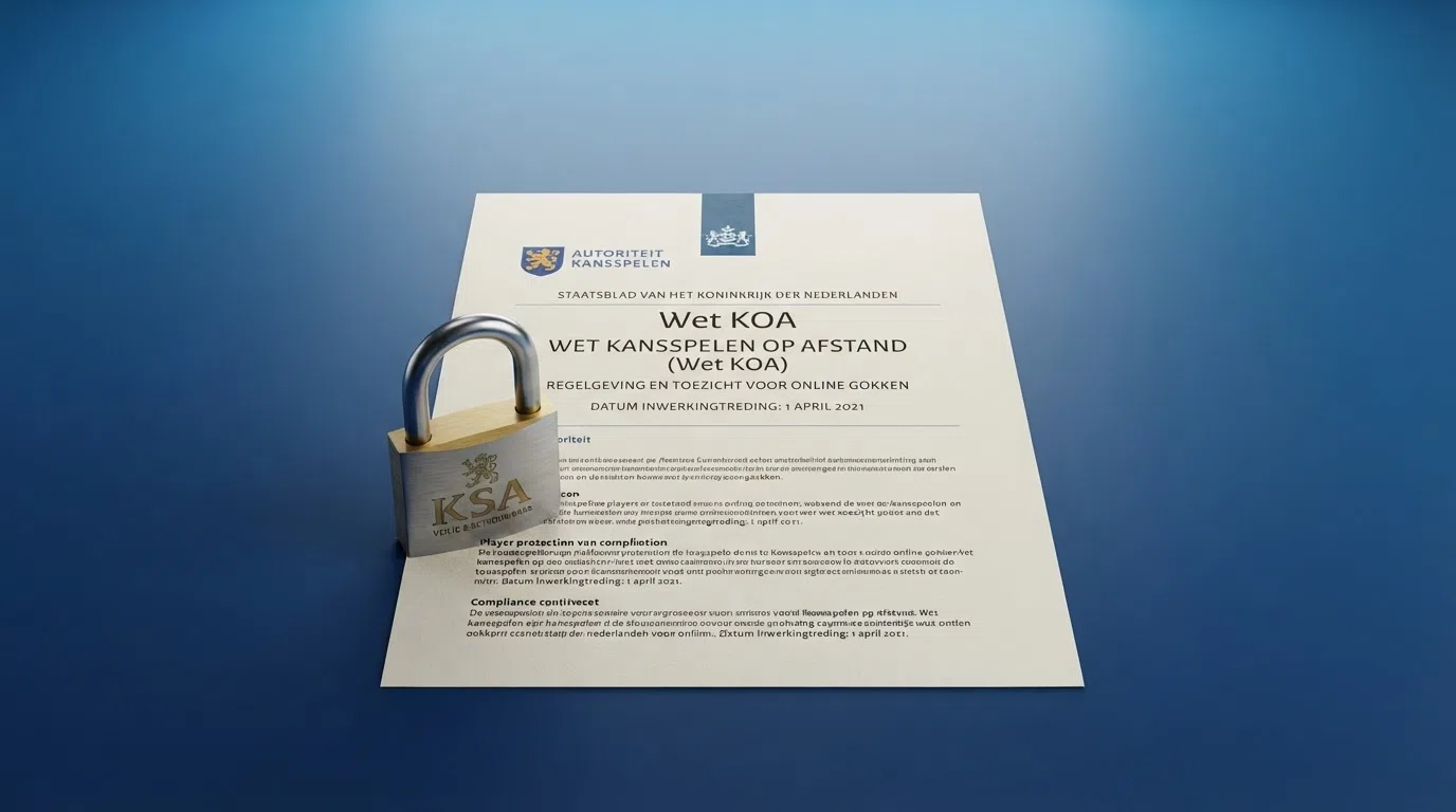 Het logo van de Kansspelautoriteit naast een gestileerd vergunningsdocument met de tekst “Wet KOA”