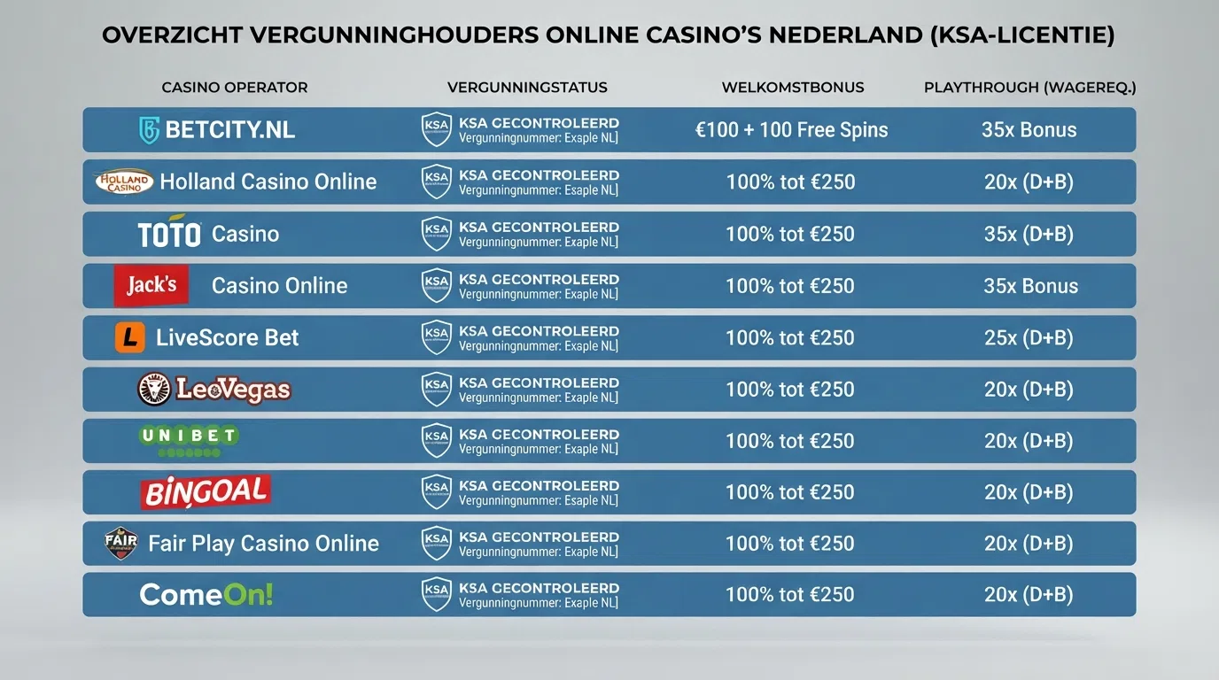 Een vergelijkend overzicht van Ksa-vergunninglogo's en bonusaanbodkaarten van de besproken Nederlandse online casino's
