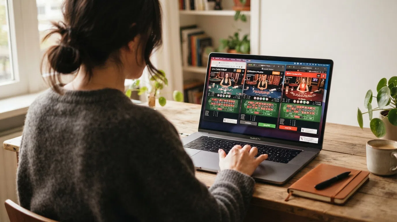 Een overzicht van drie Nederlandse live roulette-casino's op een scherm, met onderaan elk venster het KSA-vergunninglogo zichtbaar.