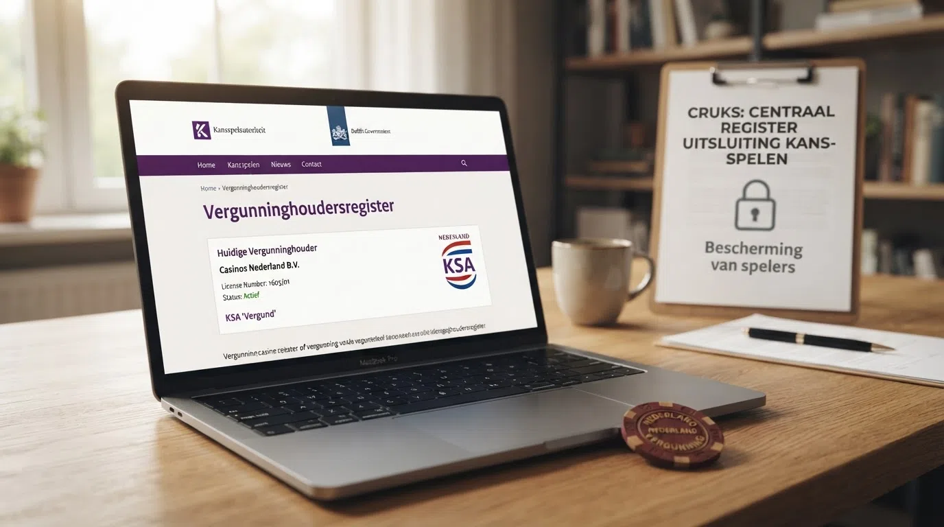 Een close-up van een scherm met het KSA-logo en de tekst 'Vergunninghouder' op de Kansspelwijzer-pagina, met daarnaast het CRUKS-logo en een slot dat uitgespeeld is