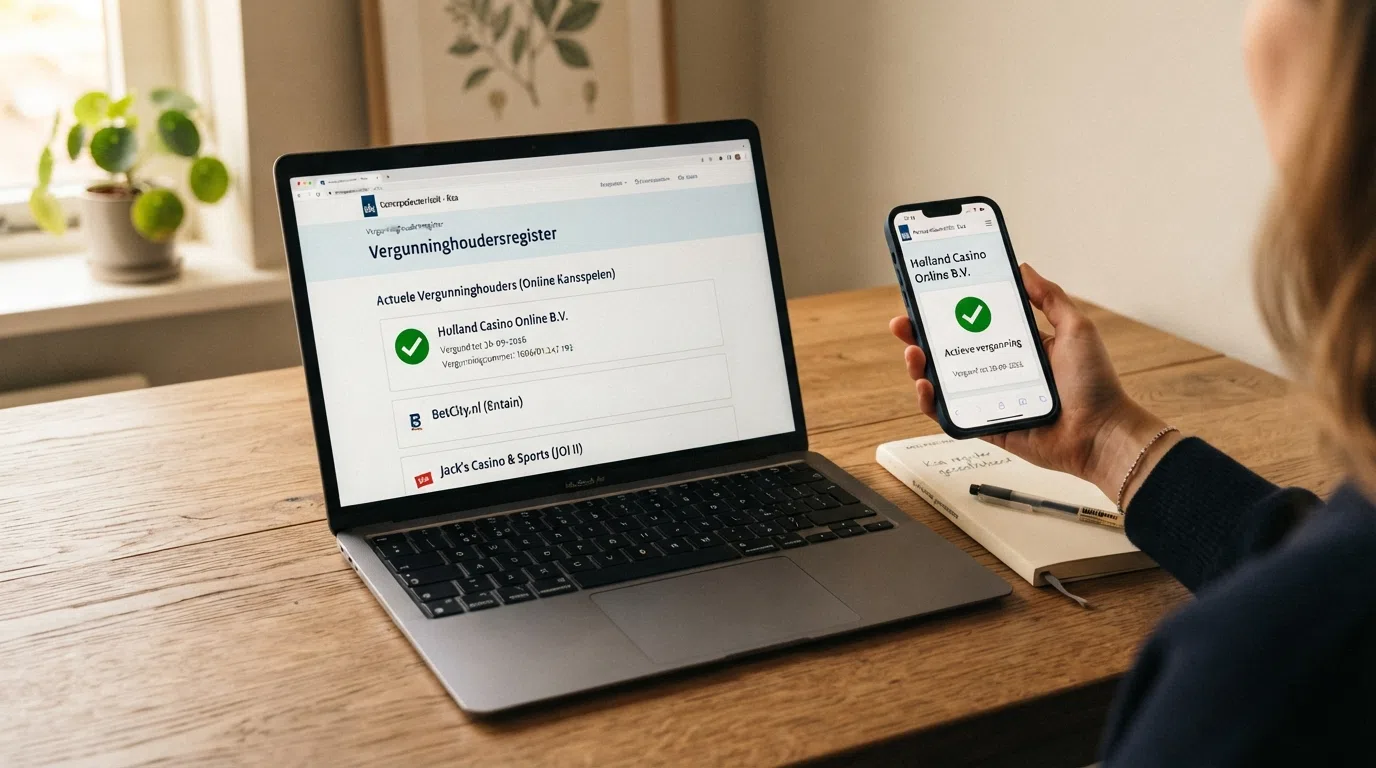 Een screenshot van het KSA-register (Kansspelwijzer) met een groen vinkje naast een casino-naam, met het Kansspelautoriteit-logo zichtbaar