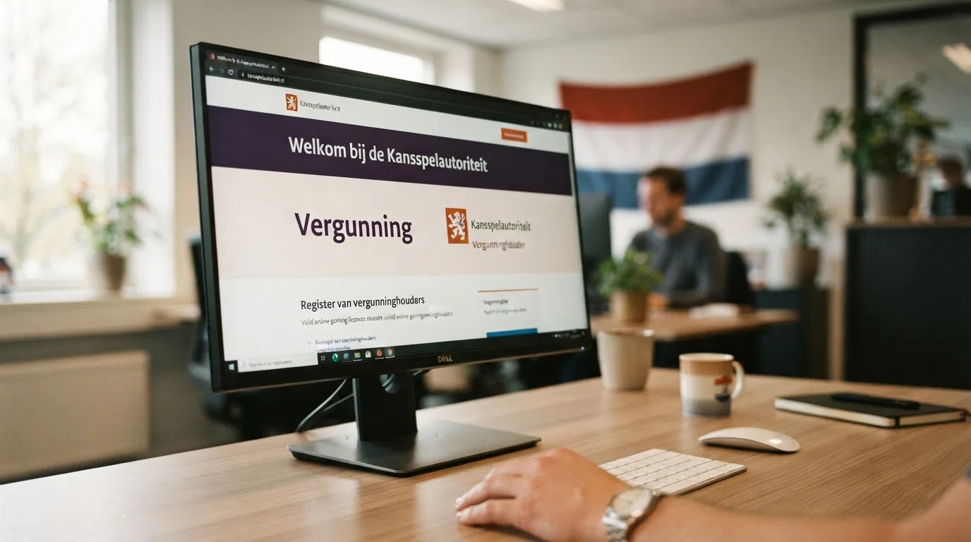 Het logo en keurmerk van de Kansspelautoriteit naast het vergunningenregister op kansspelautoriteit.nl, met een Nederlandse vlag en het woord “Vergunning” in beeld