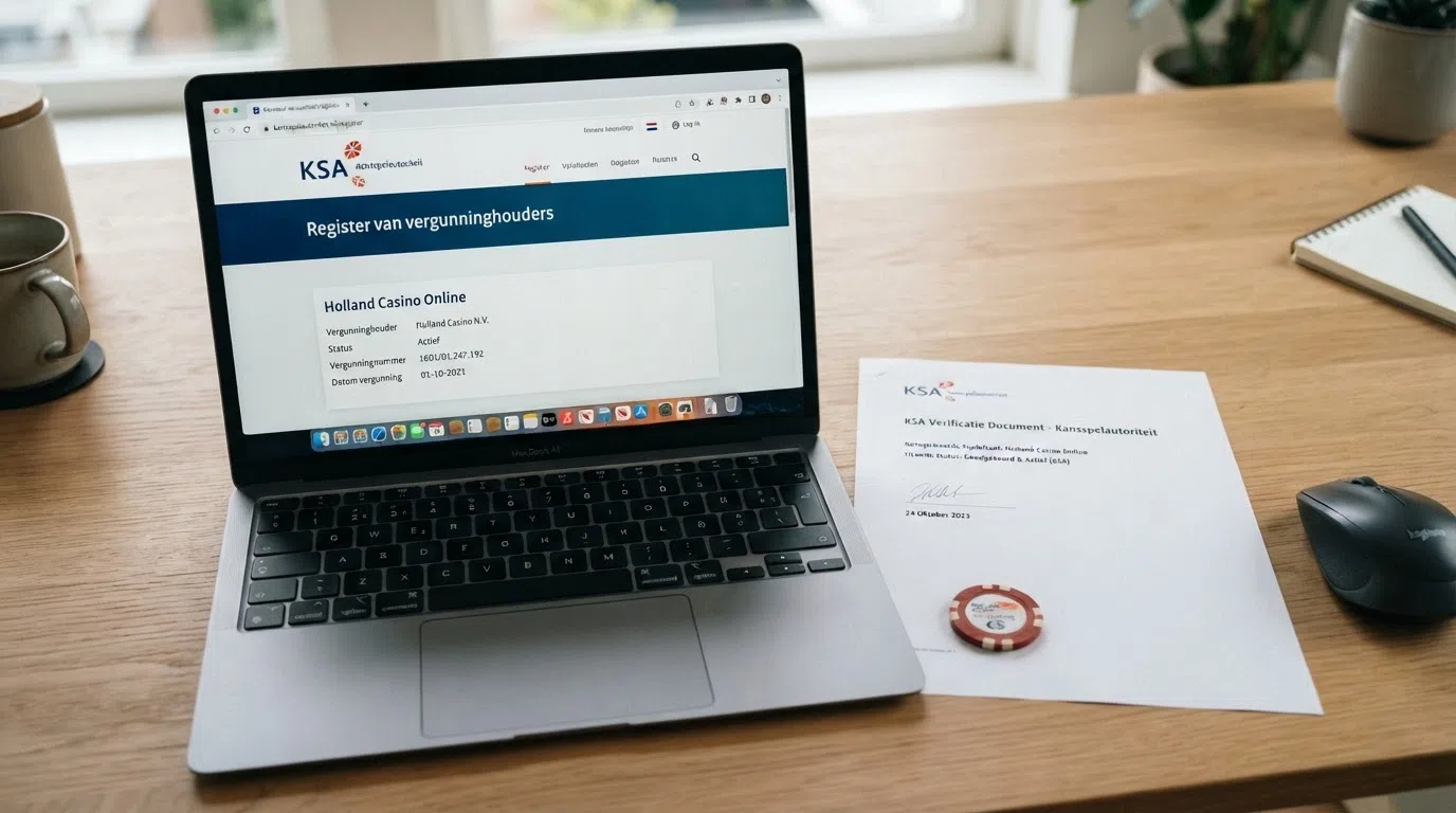 Het logo van de Kansspelautoriteit op een blauwe achtergrond naast een scherm met het KSA-register waarop een vergunning zichtbaar is.