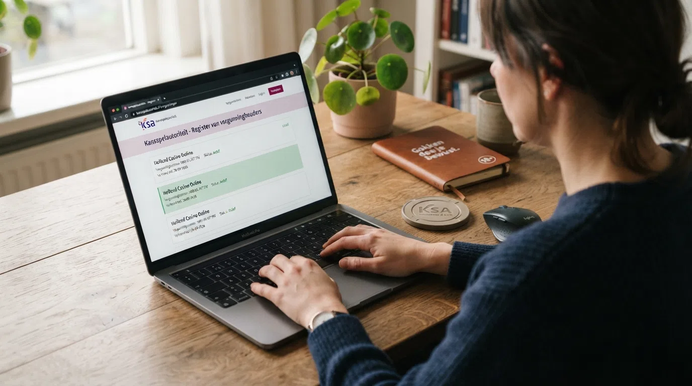 Het logo van de Kansspelautoriteit naast een geopend laptopscherm met het online vergunningregister, met één casino gemarkeerd als vergunninghouder.