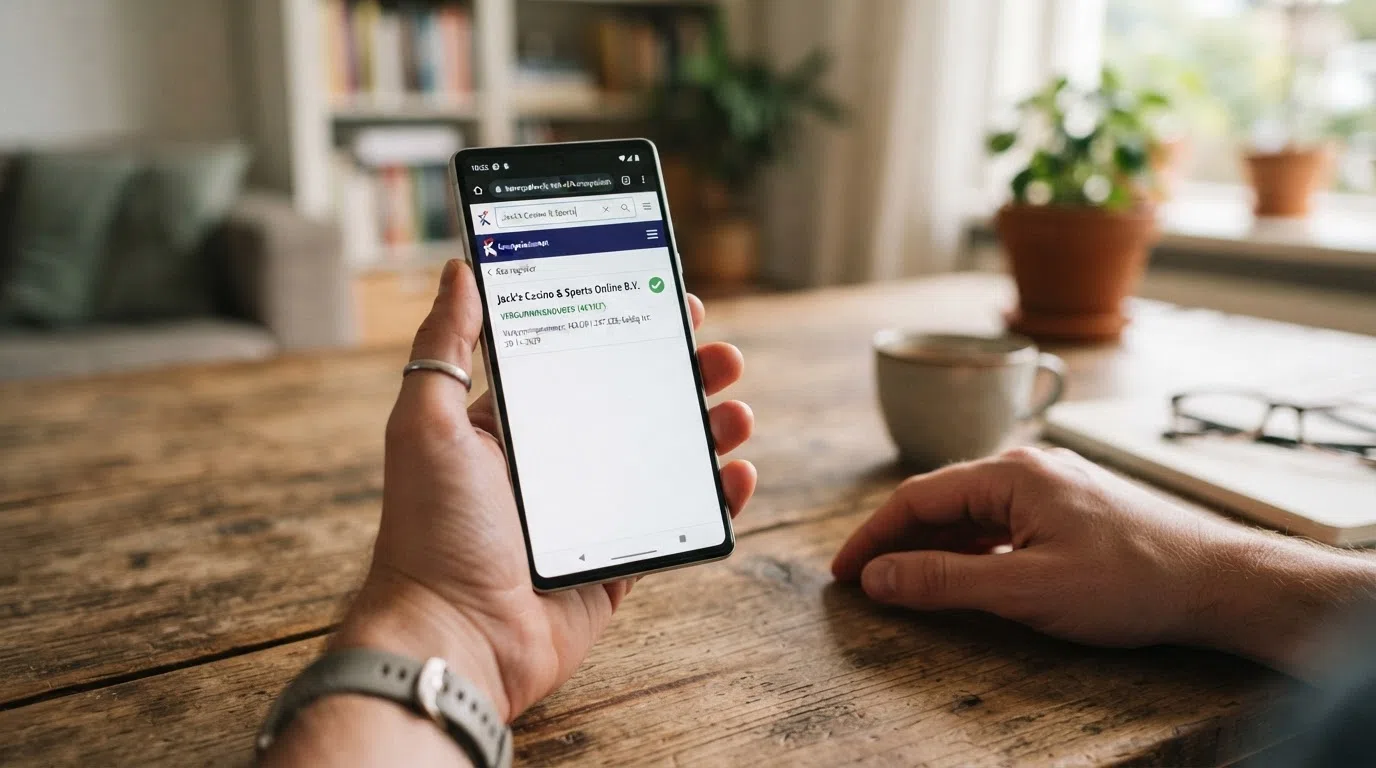 Een Android-telefoon met het Ksa-register (Kansspelwijzer) in de browser, het zoekveld actief met een casino-naam en het vergunningresultaat zichtbaar