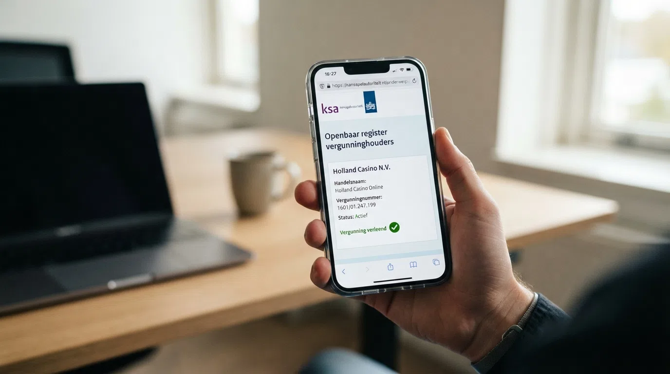 Het KSA-logo naast een vinkje op het scherm van een iPhone, met in de Safari-balk het webadres van het KSA-vergunningenregister