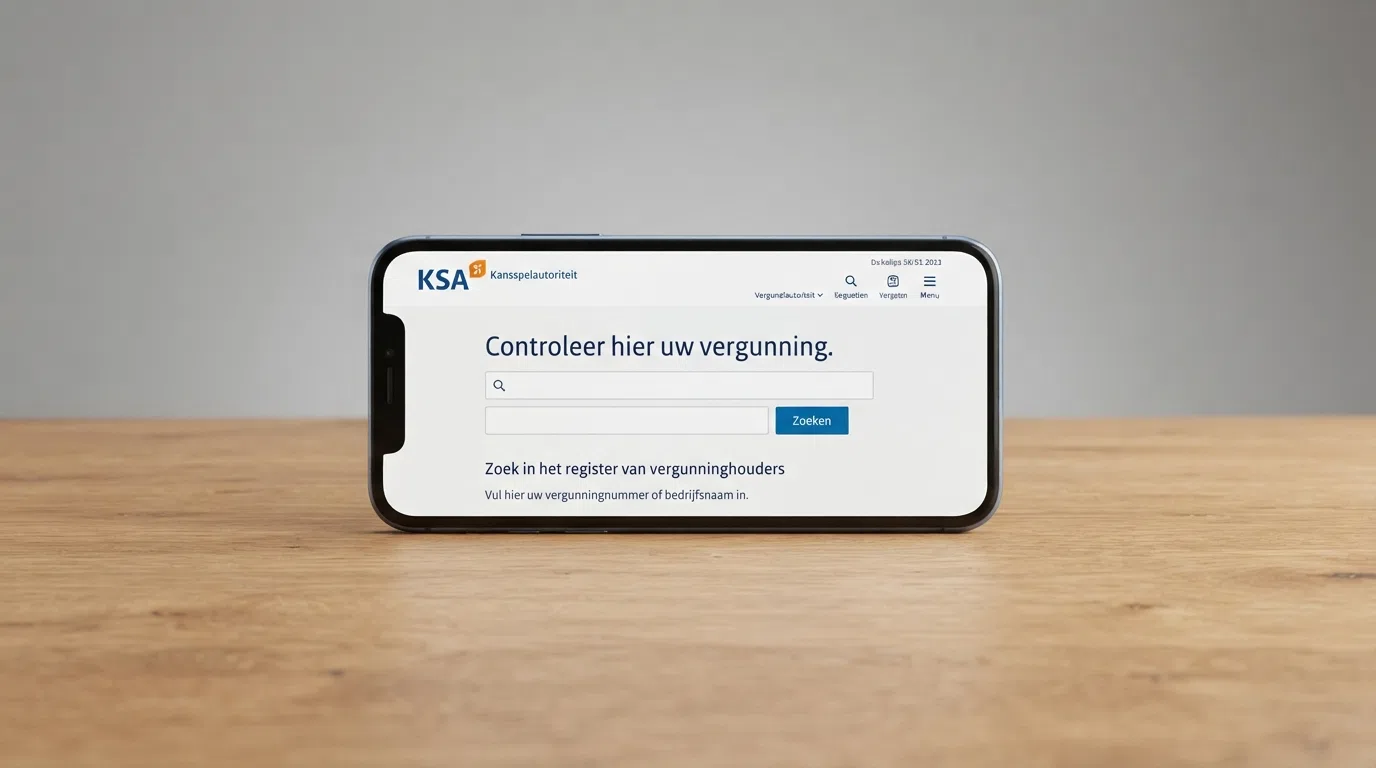Het KSA-vergunningenregister op een telefoonscherm, met het logo van de Kansspelautoriteit zichtbaar