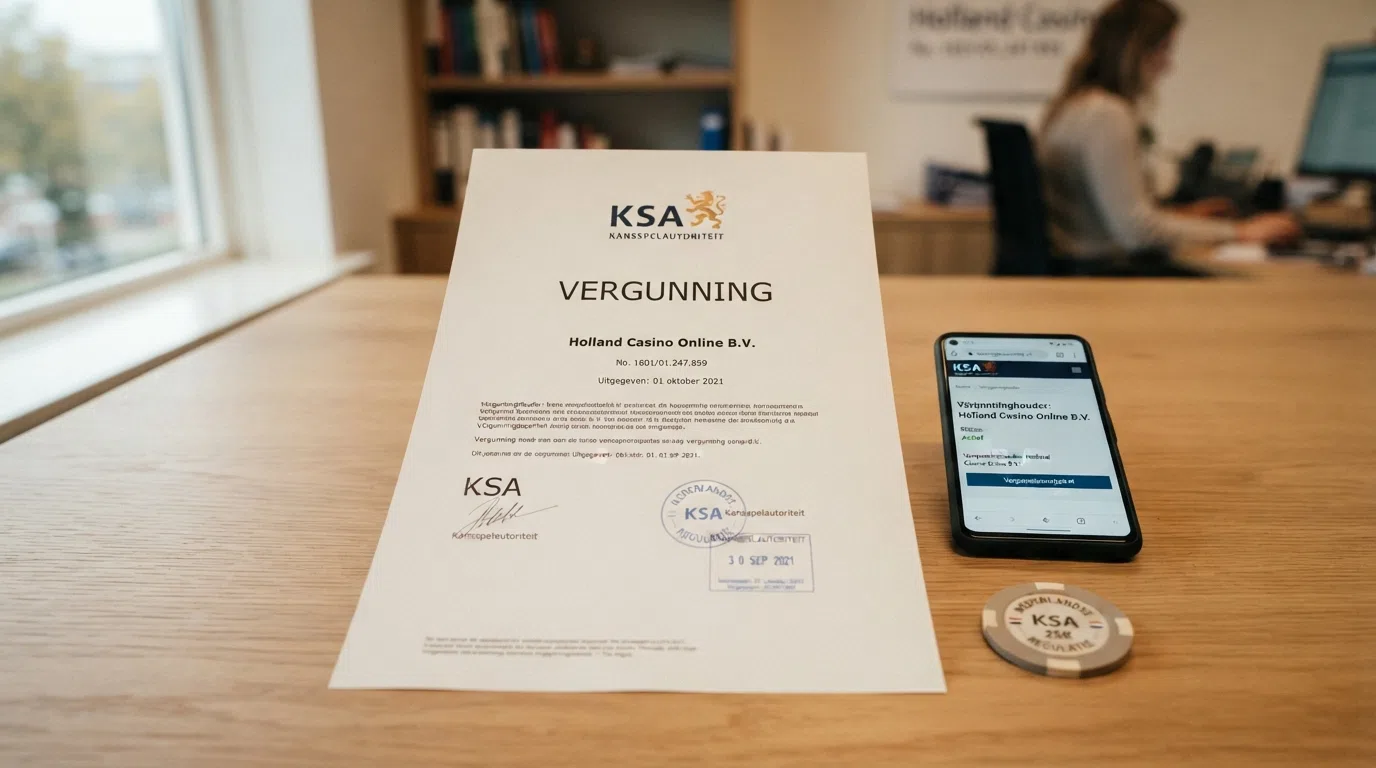 Een close-up van het KSA-logo op een vergunningendocument naast het woord “Vergunning” in het Nederlands