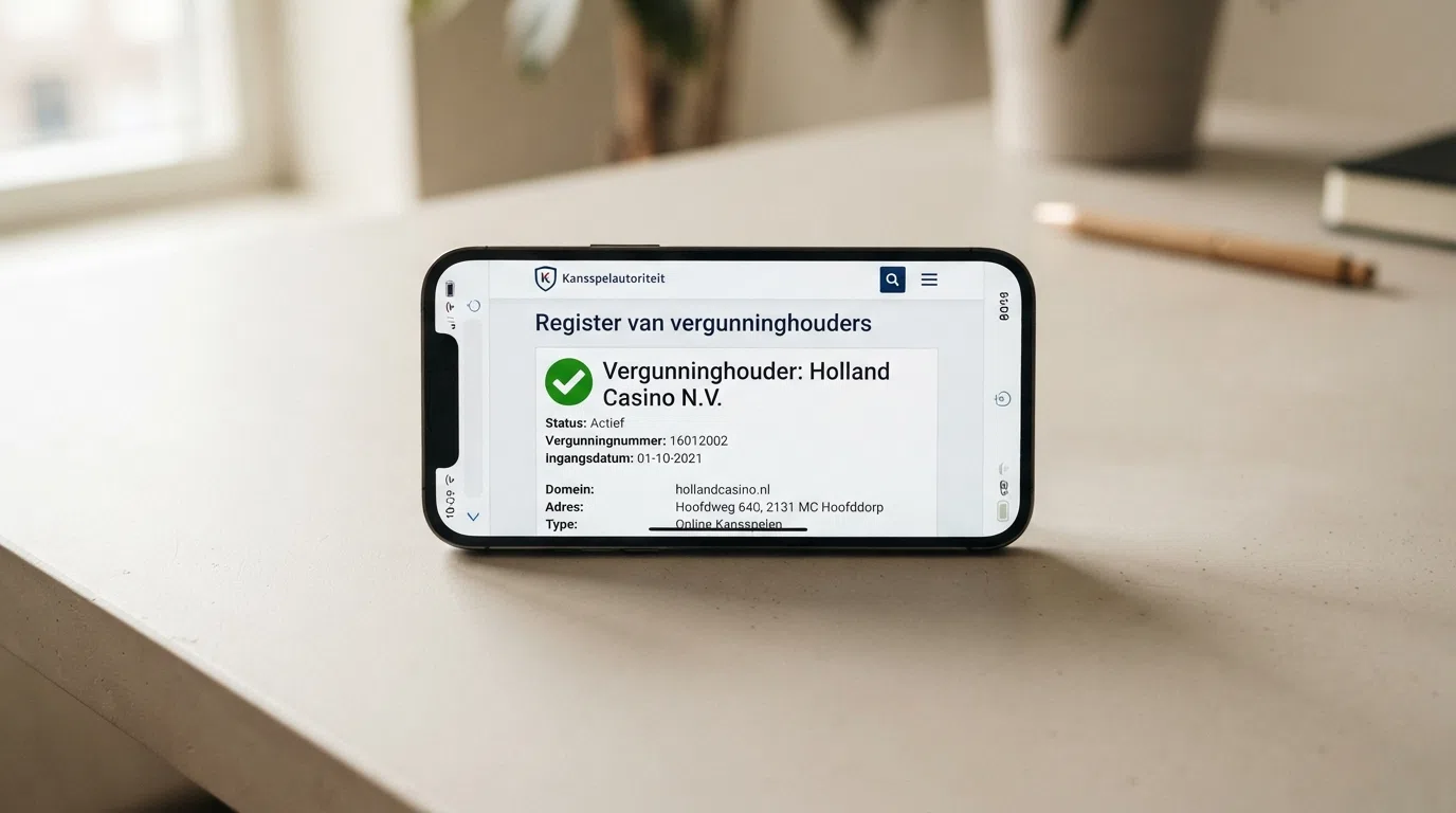 Het Kansspelwijzer-logo naast een smartphone die het register van de Kansspelautoriteit toont, met een groen vinkje bij een vergunninghouder