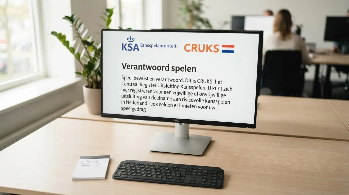 Het logo van de Kansspelautoriteit naast het CRUKS-logo op een informatiescherm over verantwoord spelen