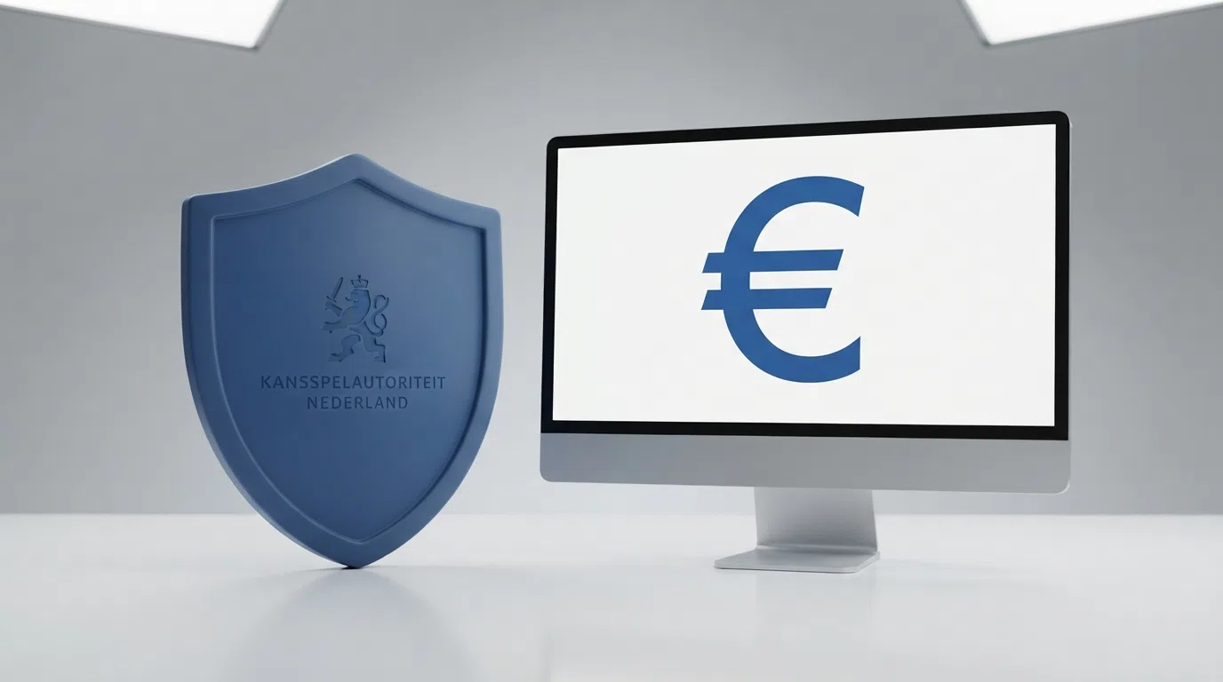 Het logo van de Kansspelautoriteit naast een scherm met een boetebesluit voor een illegale kansspelaanbieder