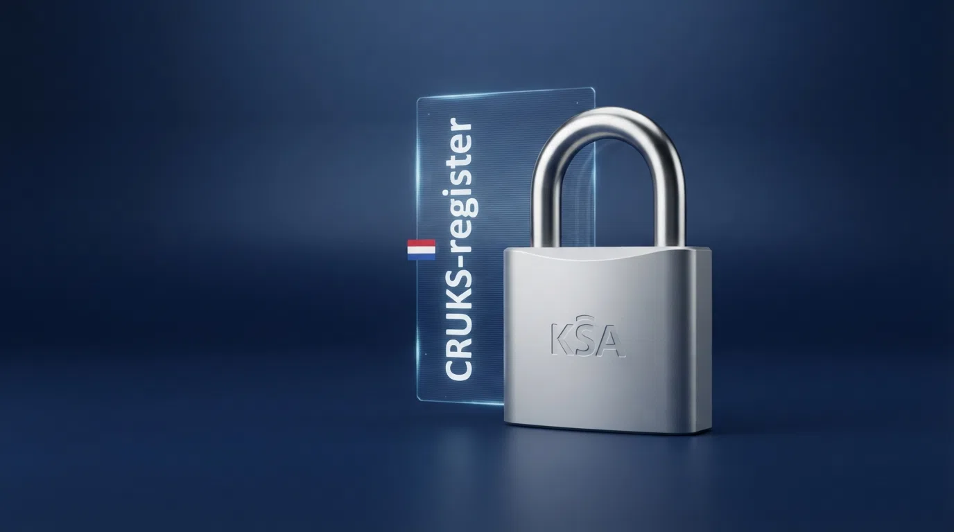Het logo van de Kansspelautoriteit naast een slot met daarop de tekst 'CRUKS-register' en een Nederlandse vlag