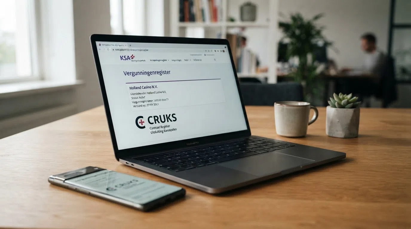 Een schermafbeelding van het KSA-register (kansspelautoriteit.nl/register-licensees) met een uitgelichte vergunning naast het CRUKS-logo en de tekst “Centraal Register Uitsluiting Kansspelen”