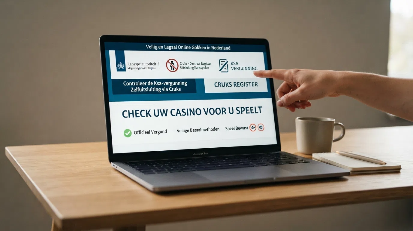 Een screenshot van het KSA-logo naast een gestileerd CRUKS-registerpictogram, met de tekst “Check uw casino voor u speelt” in het Nederlands