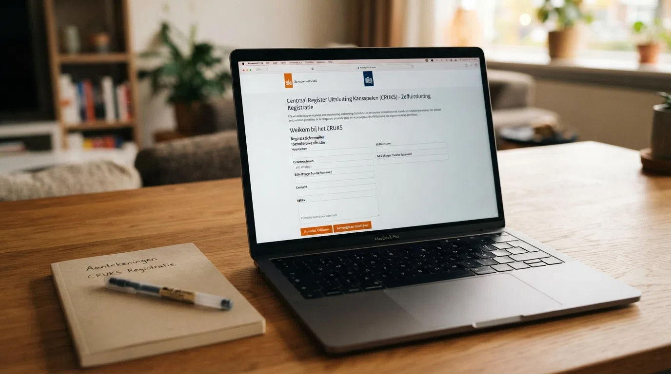Het logo van de Kansspelautoriteit en een CRUKS-registratiescherm op een laptop
