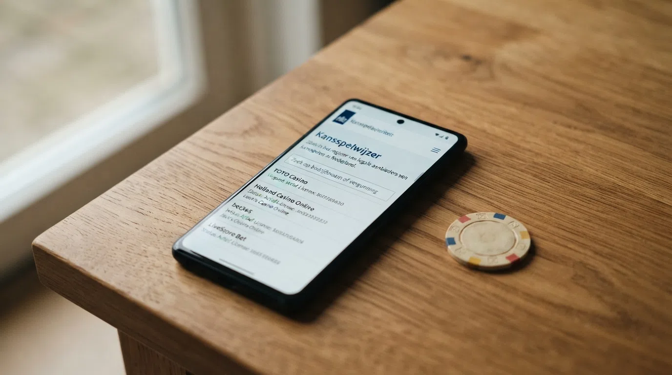 Het logo van de Kansspelautoriteit naast een smartphone met het Kansspelwijzer-register in beeld