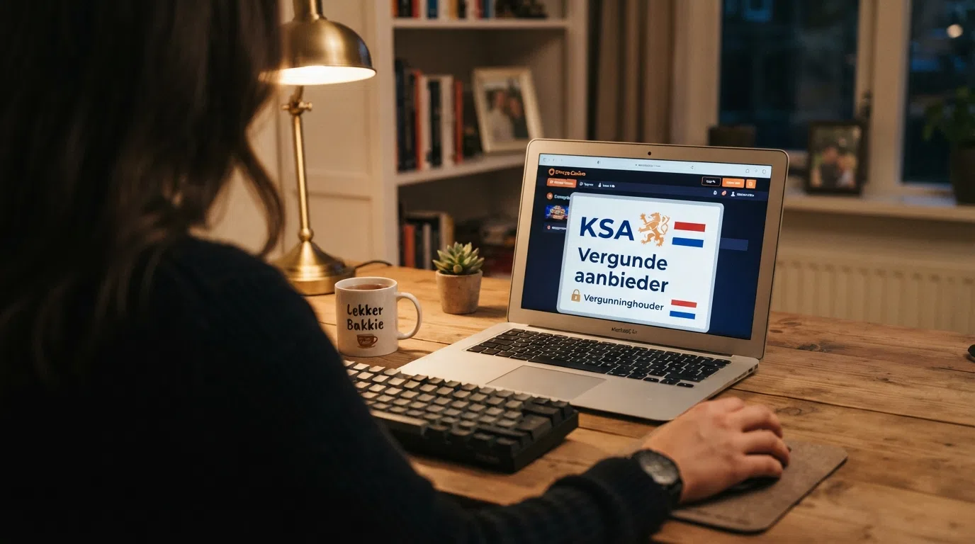 Het KSA-logo naast een Nederlandse vlag en een slotje, met de tekst 'Vergunde aanbieder' op een casino-webpagina