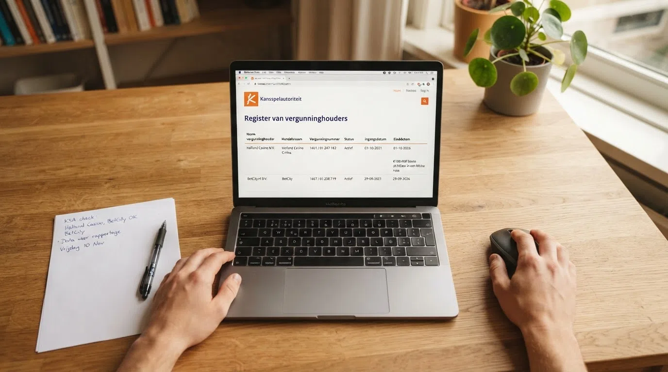 Het officiële logo van de Kansspelautoriteit en een fragment van het openbare vergunningenregister op het scherm van een laptop