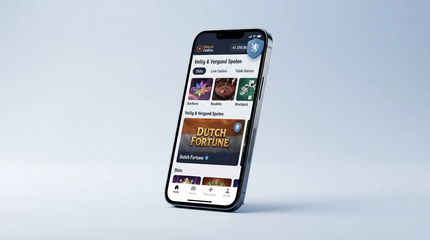 Het logo van de Kansspelautoriteit naast een smartphone die een slotspel toont, met een slotje als symbool voor veilig spelen