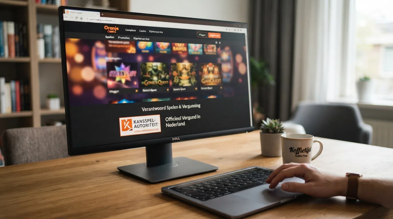 Het KSA-keurmerk prominent in beeld op de homepage van een Nederlandse online casino-website, met een slot op de achtergrond