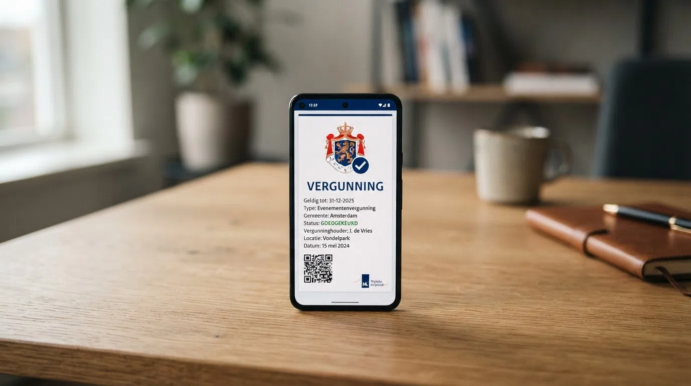 Het logo van de Kansspelautoriteit naast een geopend slot met een vinkje op een smartphone