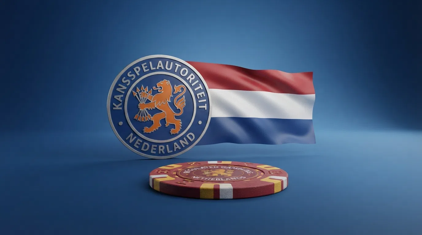 Het logo van de Kansspelautoriteit naast de vlag van Nederland en een slot-symbool