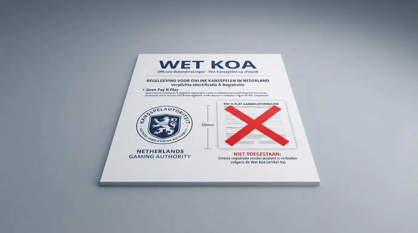 Het logo van de Kansspelautoriteit naast een document met de tekst “Wet Koa” en een rood kruis door een registratieformulier