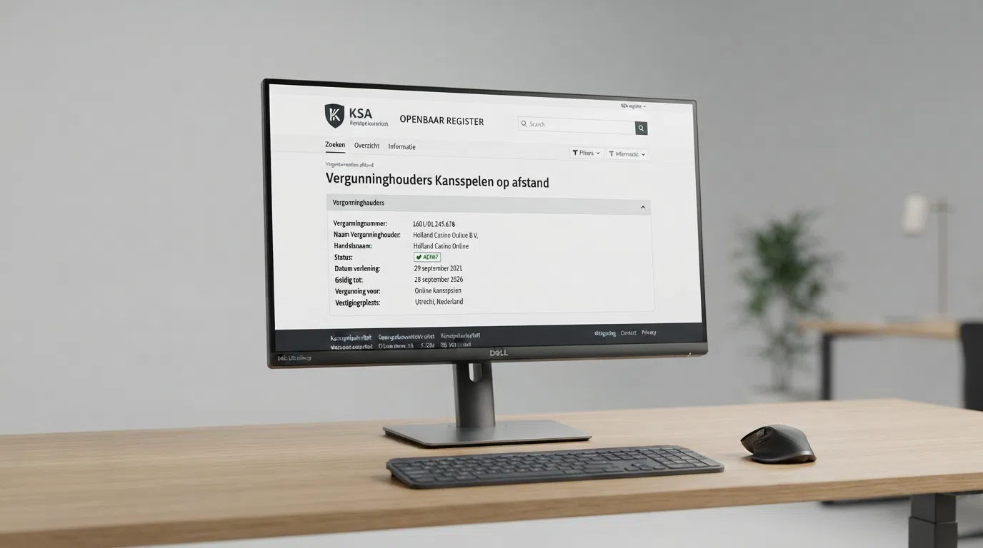 Het openbare vergunningenregister van de Kansspelautoriteit op een scherm, met een uitgelicht veld dat de vergunningstatus toont naast het logo van een Nederlandse aanbieder