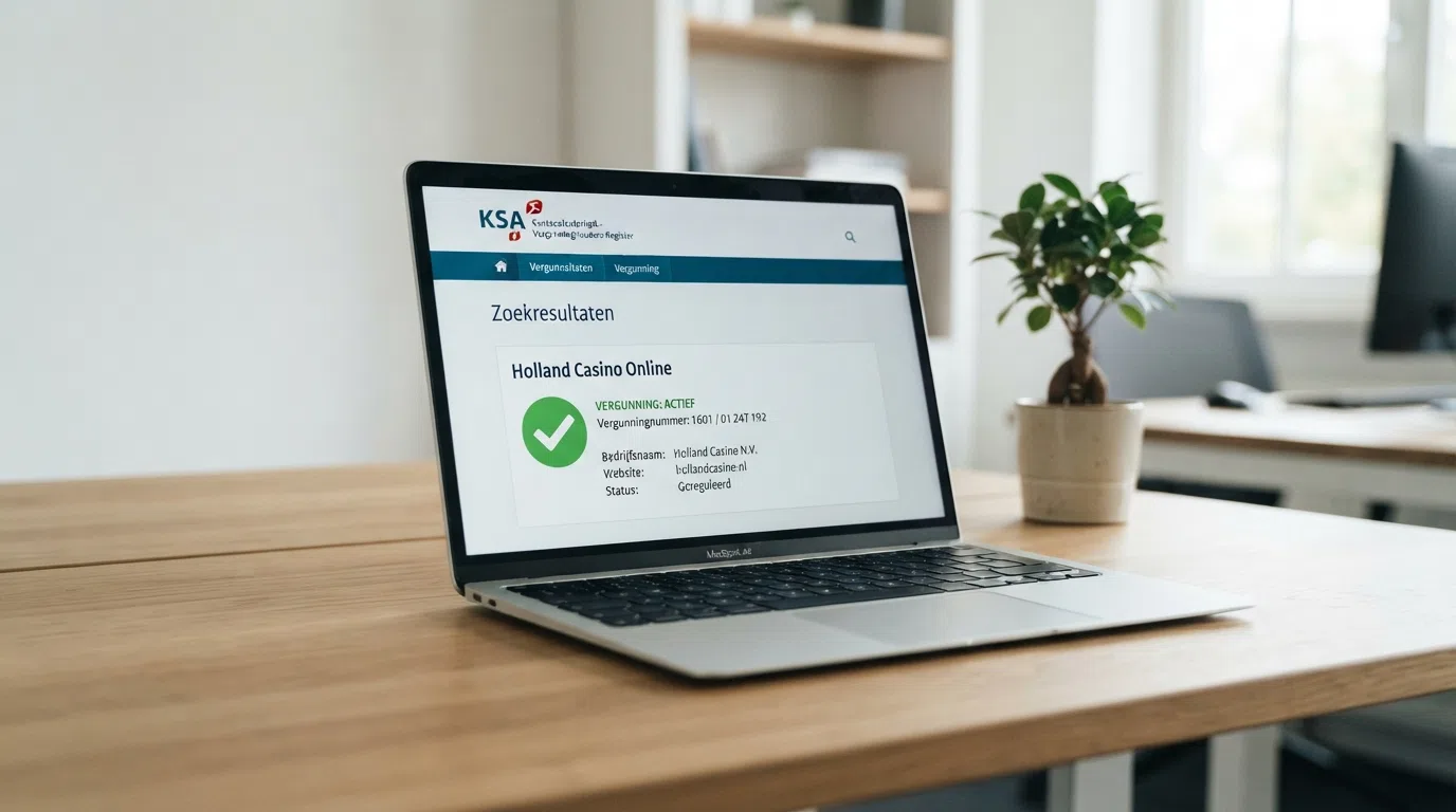 Het KSA-logo naast een screenshot van de Kansspelwijzer-vergunningcheck met een groen vinkje bij een operator